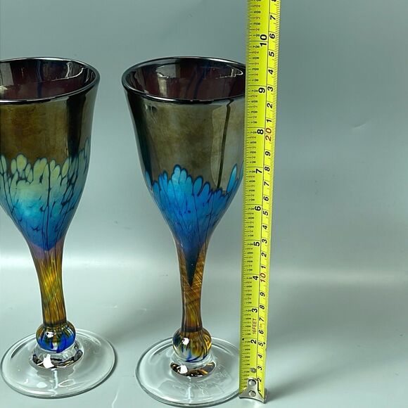 JIM BUSH Art Glass Hand Blown Iridescent Champagne Flutes PAIR 2014 - Picture 7 of 8